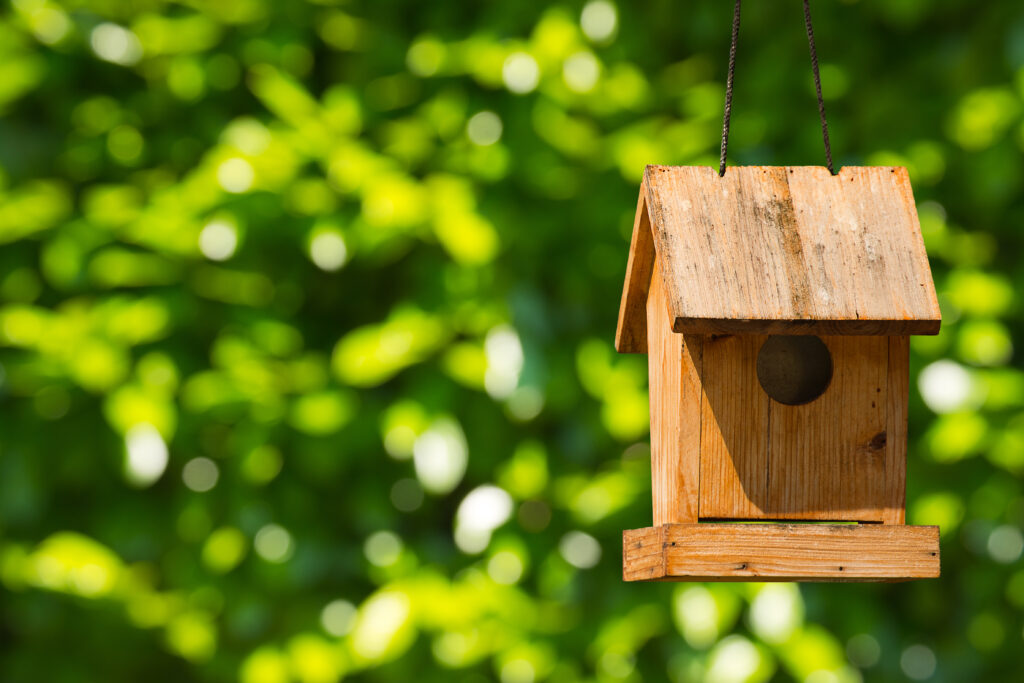 Old wooden birdhouse hanging with ropes. On a green blurred background